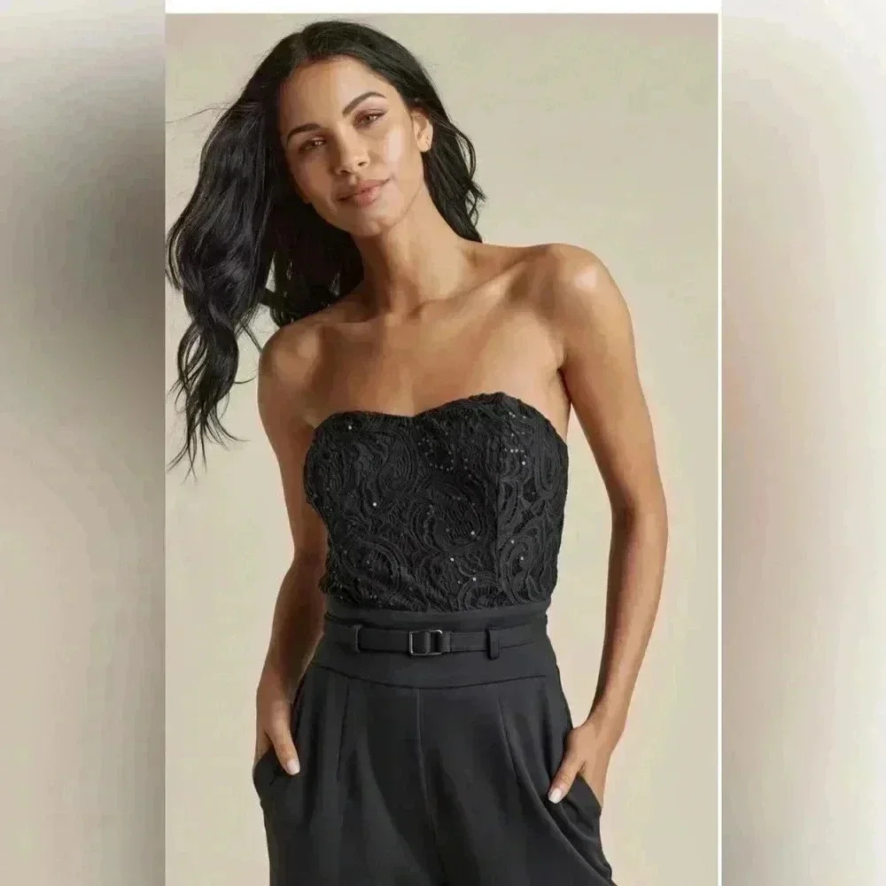 🔥VENUS Sequins and Lace Black Corset Jumpsuit with belt🔥NWT size 6